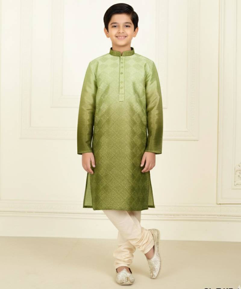 green silk printed kurta pyjama for boys