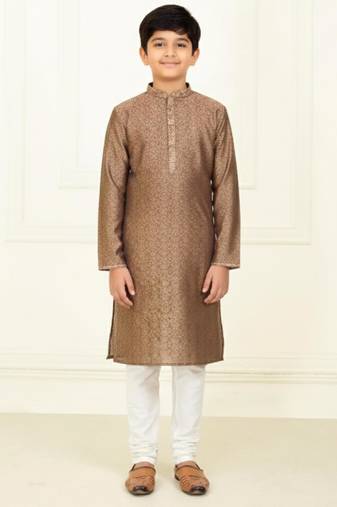 brown jacquard printed kurta pyjama for boys