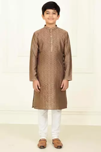 brown jacquard printed kurta pyjama for boys