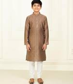 brown jacquard printed kurta pyjama for boys