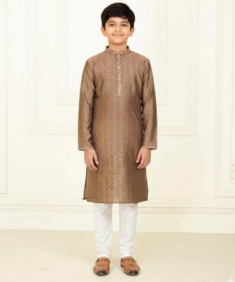 brown jacquard printed kurta pyjama for boys