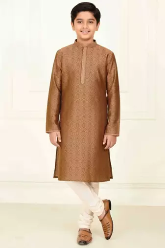 brown jacquard printed kurta pyjama for boys