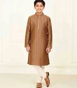 brown jacquard printed kurta pyjama for boys