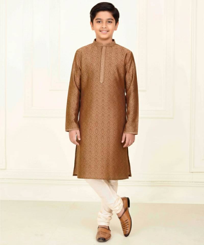 brown jacquard printed kurta pyjama for boys