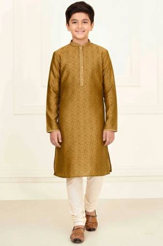 yellow jacquard printed kurta pyjama for boys