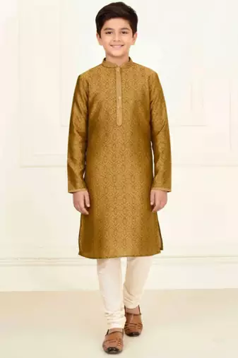 yellow jacquard printed kurta pyjama for boys