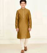 yellow jacquard printed kurta pyjama for boys