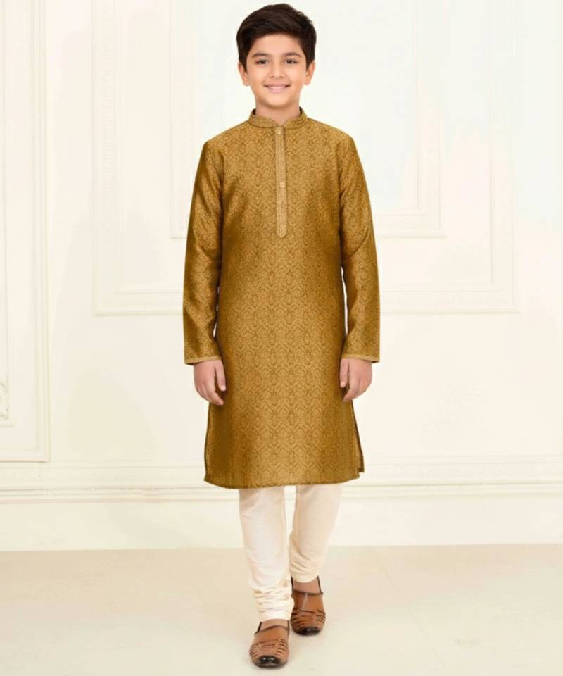 yellow jacquard printed kurta pyjama for boys