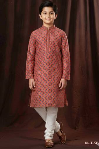 Red art silk printed kurta pyjama for boys