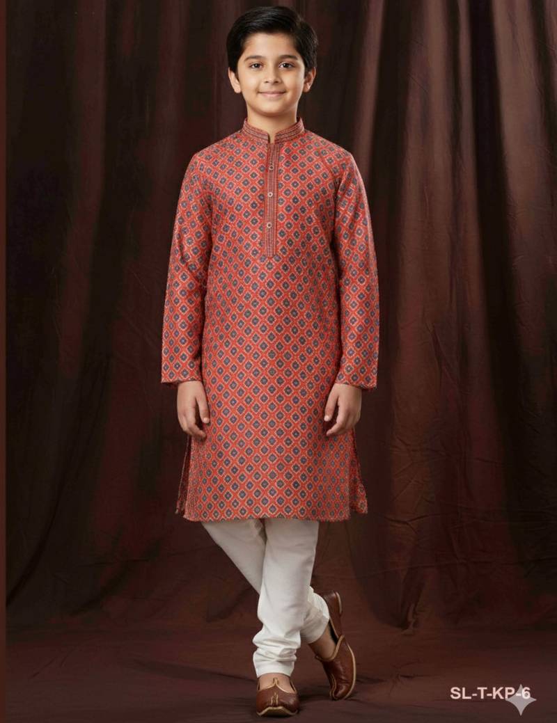 Red art silk printed kurta pyjama for boys