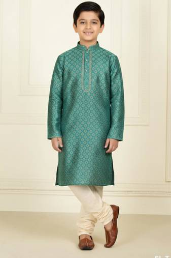 green art silk printed kurta pyjama for boys