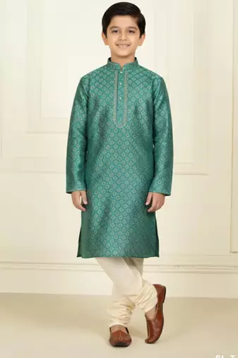 green art silk printed kurta pyjama for boys