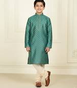 green art silk printed kurta pyjama for boys