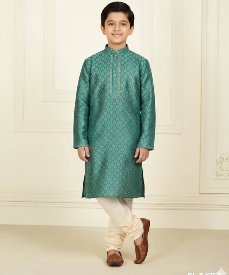 green art silk printed kurta pyjama for boys