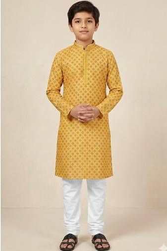 yellow art silk printed kurta pyjama for boys