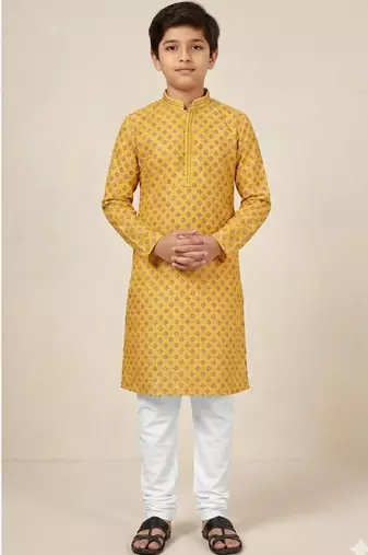 yellow art silk printed kurta pyjama for boys