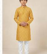 yellow art silk printed kurta pyjama for boys