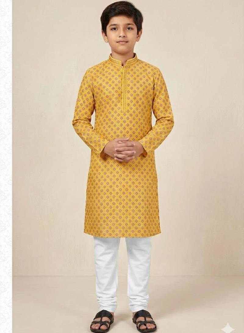 yellow art silk printed kurta pyjama for boys