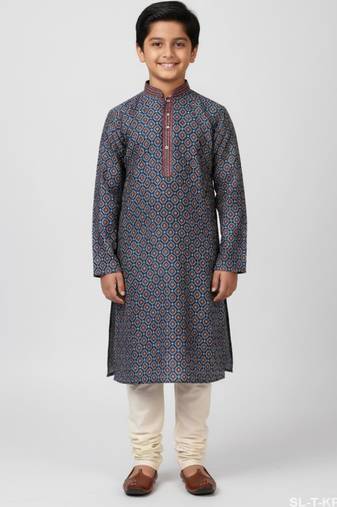 Grey art silk printed kurta pyjama for boys
