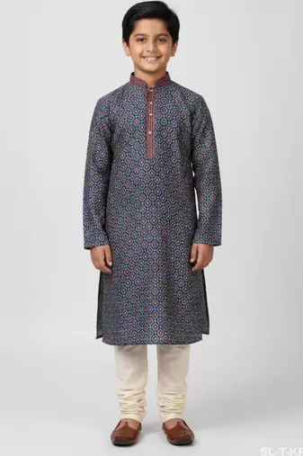 Grey art silk printed kurta pyjama for boys