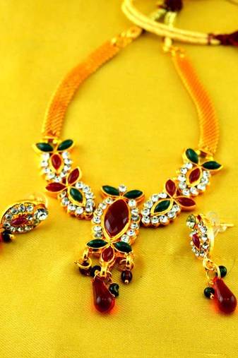 Gold Platted Stone Moti Meenakari Polki Cz Necklaces With Earing