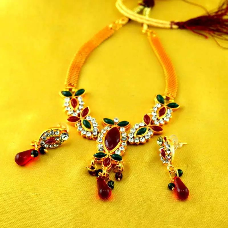 Gold Platted Stone Moti Meenakari Polki Cz Necklaces With Earing