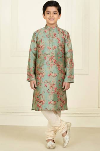green art silk printed kurta pyjama for boys