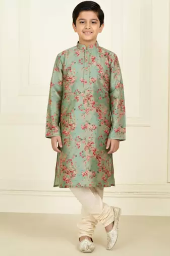 green art silk printed kurta pyjama for boys