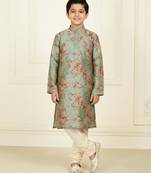 green art silk printed kurta pyjama for boys