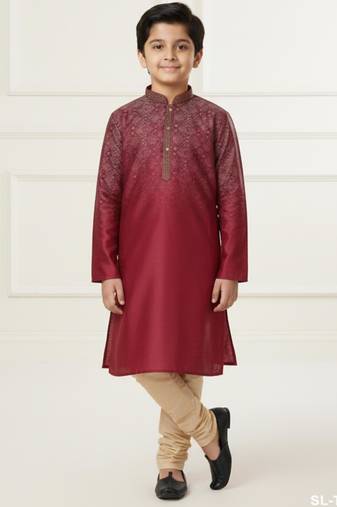 maroon art silk printed kurta pyjama for boys