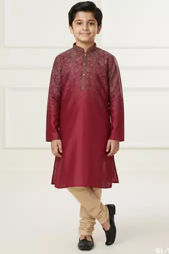 maroon art silk printed kurta pyjama for boys