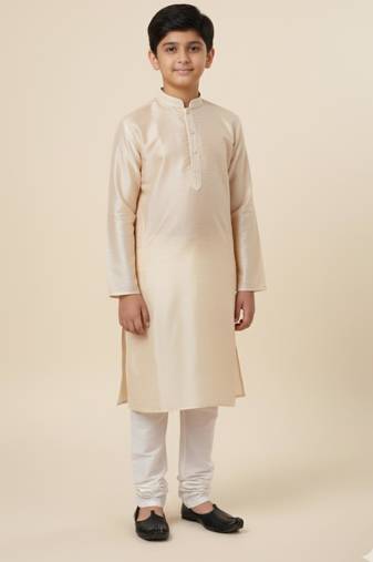 Beige art silk printed kurta pajama for boys