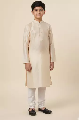 Beige art silk printed kurta pajama for boys