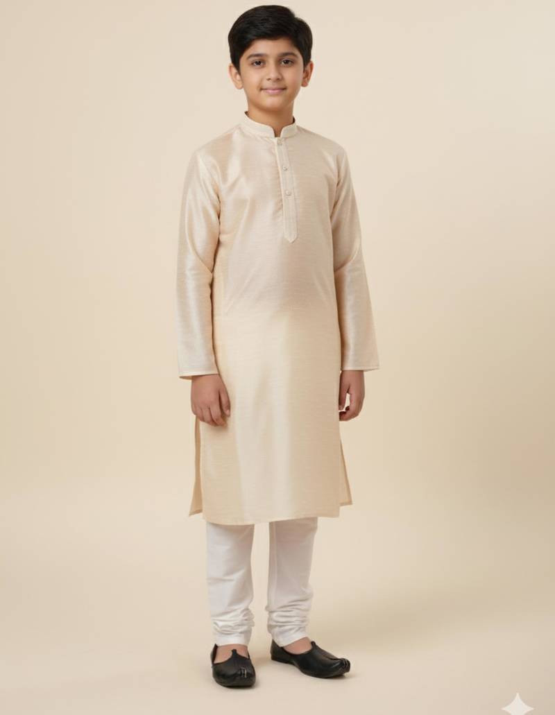 Beige art silk printed kurta pajama for boys