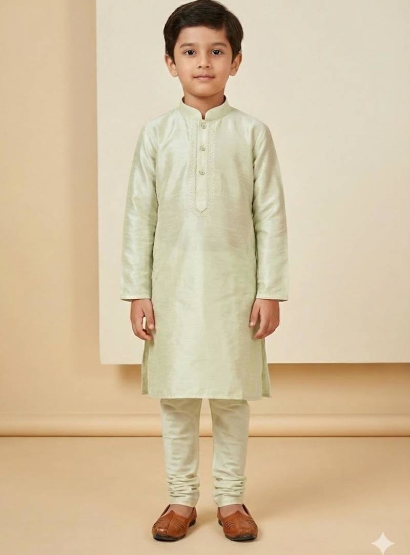 green art silk printed kurta pajama for boys