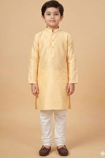 Light Yellow art silk printed kurta pajama for boys
