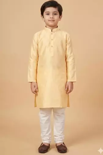 Light Yellow art silk printed kurta pajama for boys