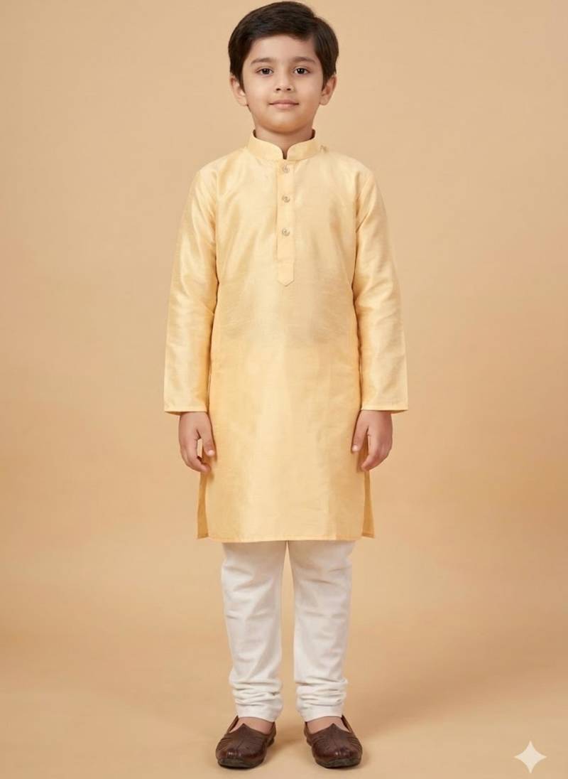 Light Yellow art silk printed kurta pajama for boys