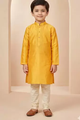 yellow art silk printed kurta pajama for boys