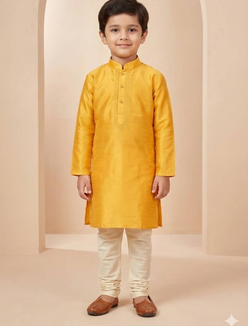 yellow art silk printed kurta pajama for boys