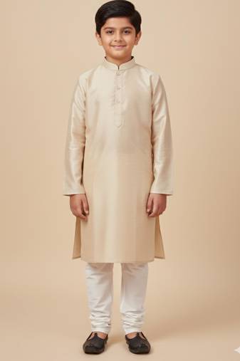 Cream art silk printed kurta pajama for boys