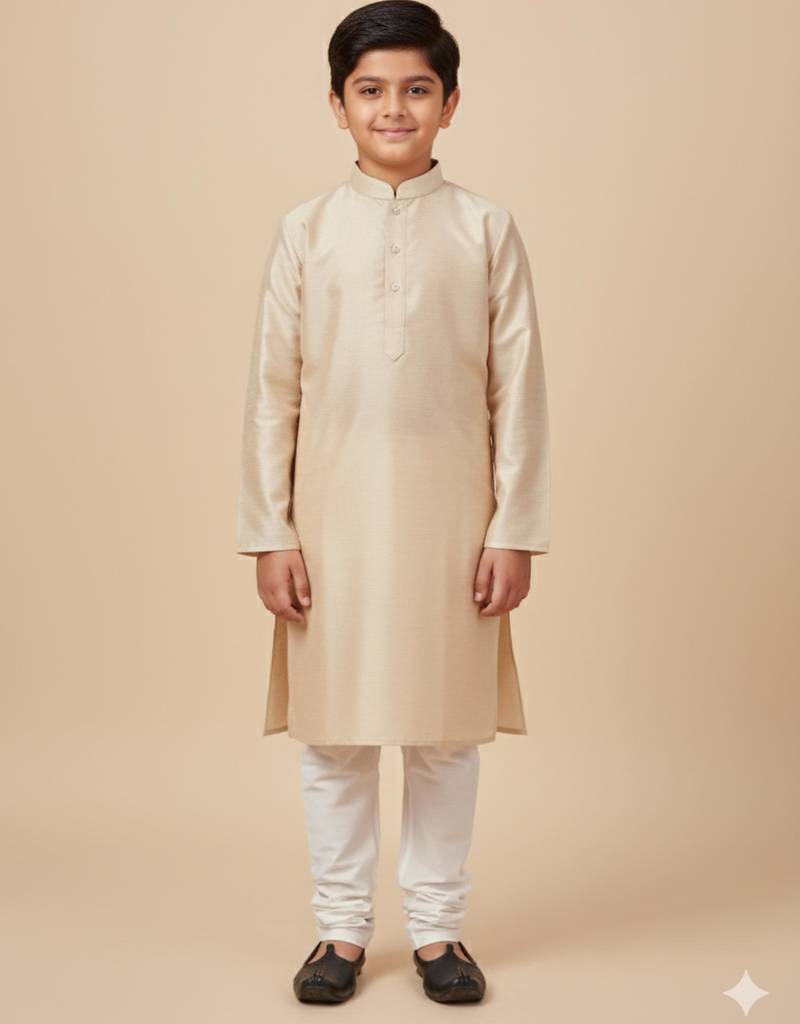 Cream art silk printed kurta pajama for boys