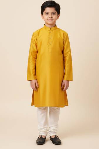 Yellow art silk printed kurta pajama for boys