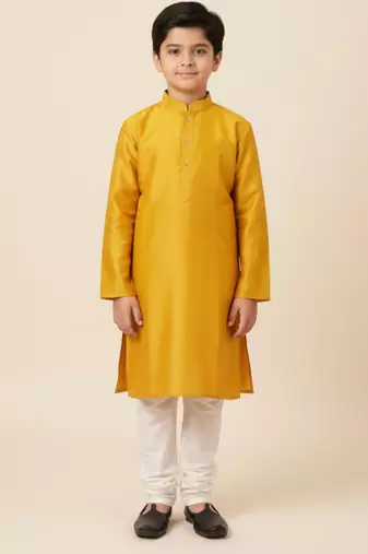 Yellow art silk printed kurta pajama for boys