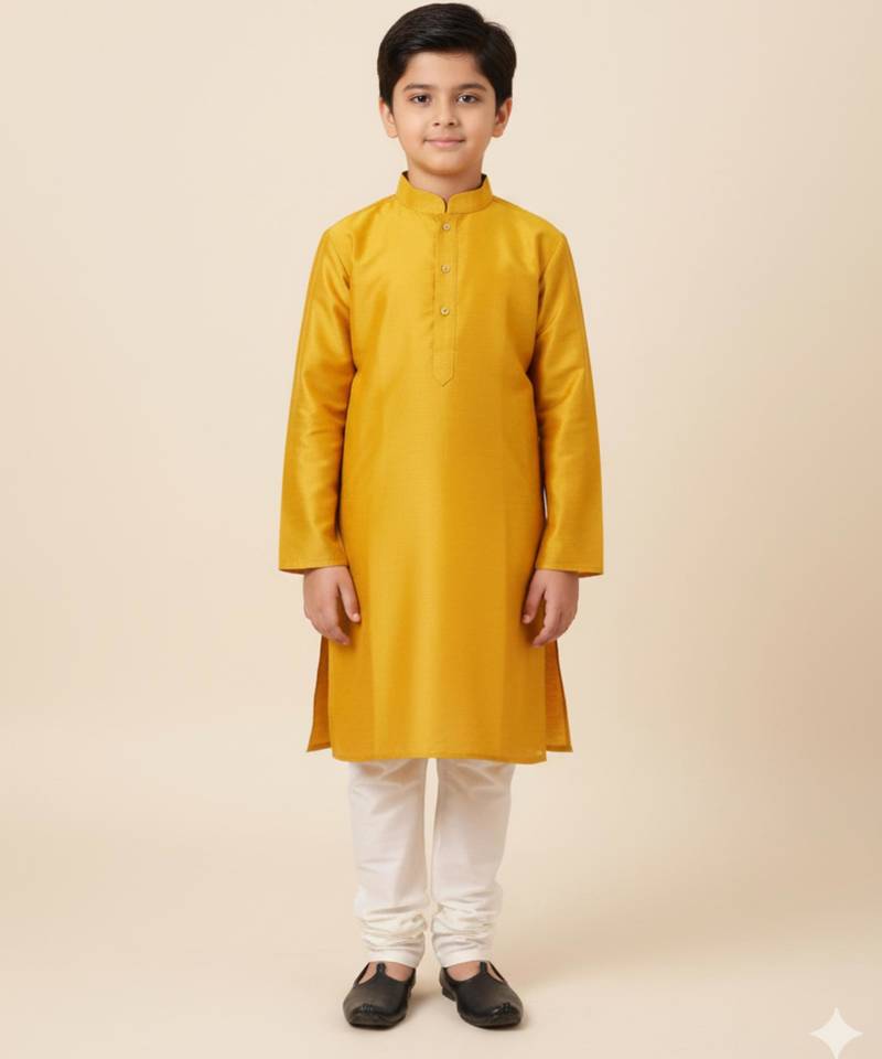 Yellow art silk printed kurta pajama for boys