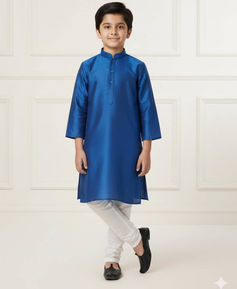 blue art silk printed kurta pajama for boys