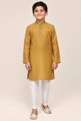 Yellow silk blend printed kurta pajama for boys