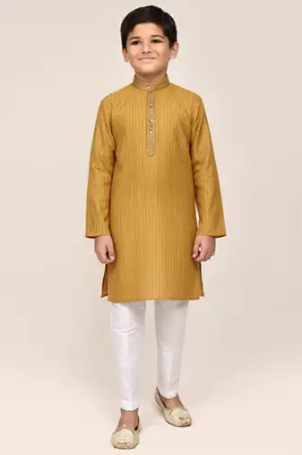 Yellow silk blend printed kurta pajama for boys