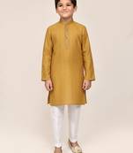 Yellow silk blend printed kurta pajama for boys