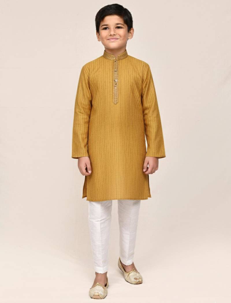 Yellow silk blend printed kurta pajama for boys